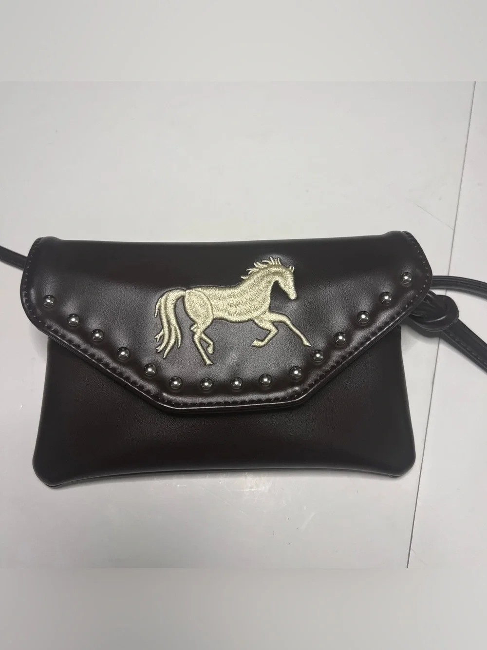 Dark Brown Women's Crossbody Clutch with Gold Horse Embroidery